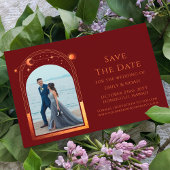 Mystieke Chic Rode Oranje Ster Maan Foto Ruimte Save The Date