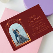 Mystieke Chic Rode Oranje Ster Maan Foto Ruimte Save The Date