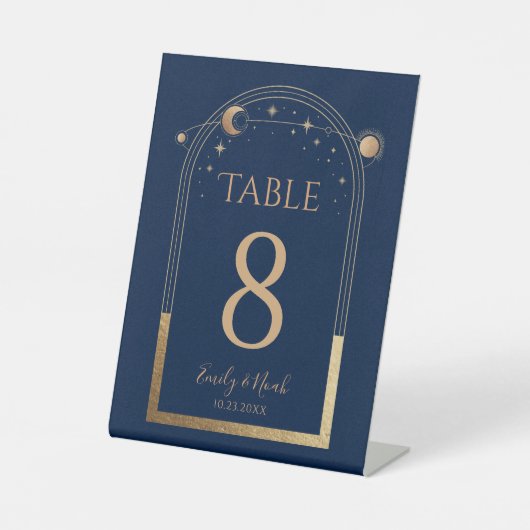 Mystieke Chique Blauw Goud Zon Maan Sterren Bruilo Reclamebord Met Voetstuk (Voorkant)