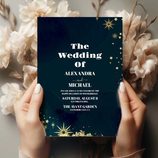 Mystieke Chique Blauw Gouden Ster Maan Bruiloft Kaart