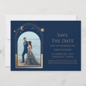 Mystieke Chique Blauw Gouden Zon Maan Star Space Save The Date (Voorkant)