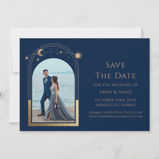 Mystieke Chique Blauw Gouden Zon Maan Star Space Save The Date (Voorkant)