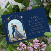 Mystieke Chique Blauw Gouden Zon Maan Star Space Save The Date