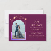 Mystieke Chique Fuchsia Gouden Ster Maan Fotoruimt Save The Date (Voorkant)