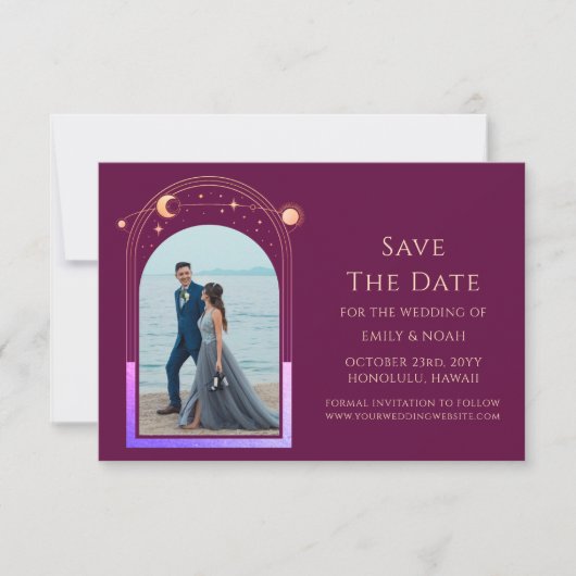 Mystieke Chique Fuchsia Gouden Ster Maan Fotoruimt Save The Date (Voorkant)