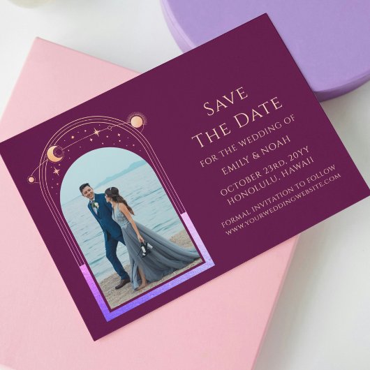 Mystieke Chique Fuchsia Gouden Ster Maan Fotoruimt Save The Date