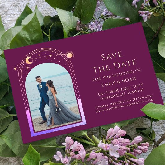 Mystieke Chique Fuchsia Gouden Ster Maan Fotoruimt Save The Date