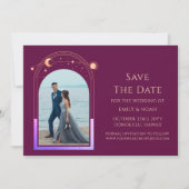 Mystieke Chique Fuchsia Gouden Ster Maan Fotoruimt Save The Date (Voorkant)