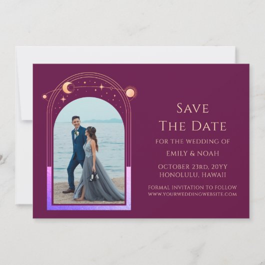 Mystieke Chique Fuchsia Gouden Ster Maan Fotoruimt Save The Date (Voorkant)