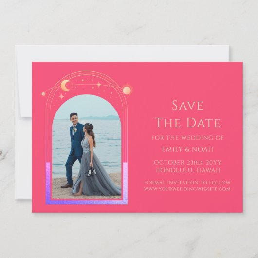 Mystieke Chique Fuchsia Roze Ster Maan Fotoruimte Save The Date (Voorkant)