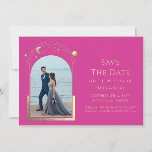 Mystieke Chique Roze Gouden Ster Maan Fotoruimte Save The Date (Voorkant)