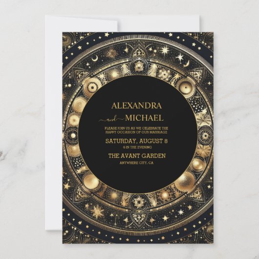 Mystieke Chique Zwart Goud Zon Maan Bruiloft Kaart (Voorkant)