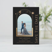 Mystieke Chique Zwart Goud Zon Maan Ster Space Save The Date (Staand voorkant)