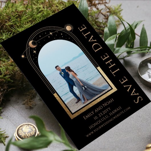 Mystieke Chique Zwart Goud Zon Maan Ster Space Save The Date