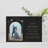 Mystieke Chique Zwart Goud Zon Maan Ster Space Save The Date (Staand voorkant)