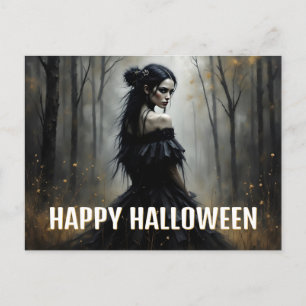 Mystieke Dame in Donker Halloweenbos Feestdagenkaart