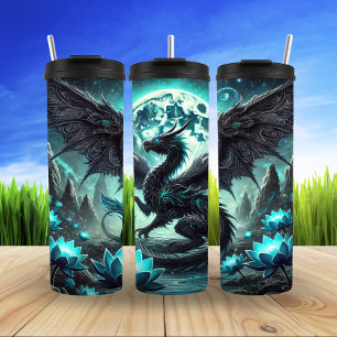 Mystieke draak onder maanlicht gloed thermosbeker