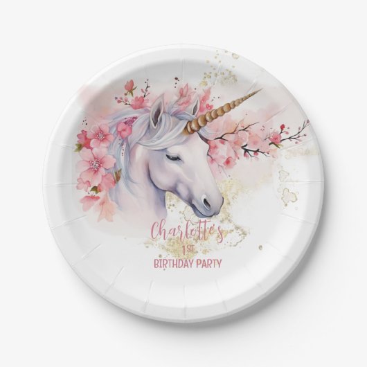Mystieke Eenhoorn Bloemmeisje 1e Verjaardagsfeest Papieren Bordje (Voorkant)