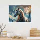 Mystieke eenhoorn in betoverde bergen poster (Keuken)