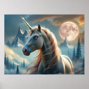 Mystieke eenhoorn in betoverde bergen poster