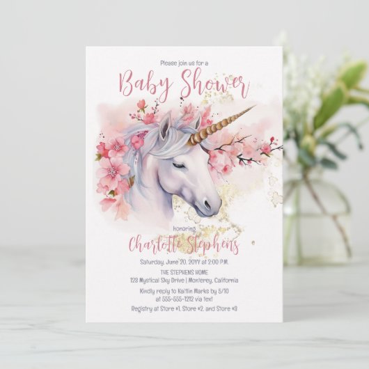Mystieke Eenhoorn | Roze Bloemen Meisje Baby showe Kaart (Staand voorkant)