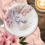 Mystieke Eenhoorn | Roze Bloemen Meisje Baby showe Papieren Bordje<br><div class="desc">Introductie van onze boeiende mystieke eenhoorn en roze bloemige meisje Baby shower Design. Dompel jezelf onder in een wereld van betovering als je je voorbereidt op de komst van een kleintje te vieren. Dit prachtige collectie heeft een majestueuze eenhoorn als middelpunt, sierlijk versierd met delicate roze bloemetjes en geplaatst tegen...</div>