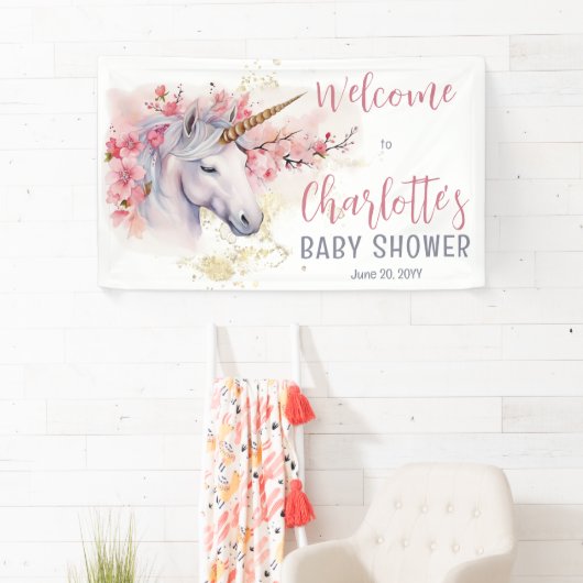 Mystieke Eenhoorn | Roze Bloemen Meisje Baby showe Spandoek (Insitu)