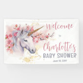 Mystieke Eenhoorn | Roze Bloemen Meisje Baby showe Spandoek (Horizontaal)