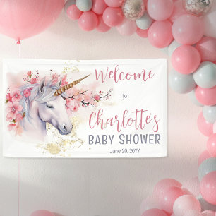 Mystieke Eenhoorn   Roze Bloemen Meisje Baby showe Spandoek