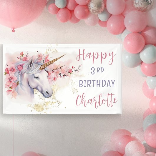 Mystieke Eenhoorn | Roze Bloemenmeisje 3e verjaard Spandoek