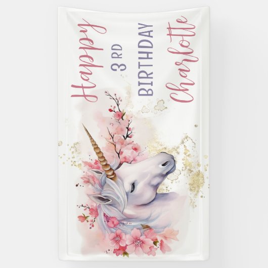 Mystieke Eenhoorn | Roze Bloemenmeisje 3e verjaard Spandoek (Verticaal)