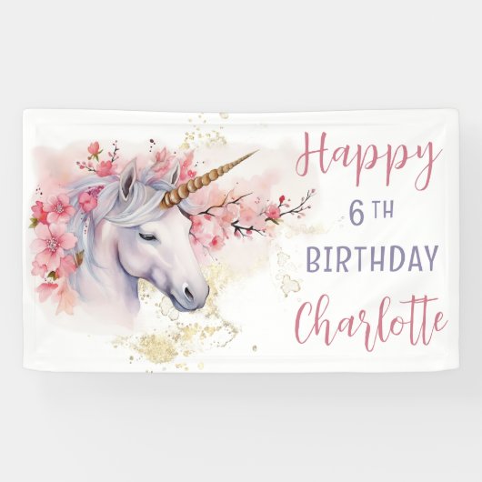 Mystieke Eenhoorn | Roze Bloemenmeisje 6e verjaard Spandoek (Horizontaal)