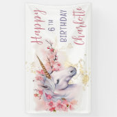 Mystieke Eenhoorn | Roze Bloemenmeisje 6e verjaard Spandoek (Verticaal)