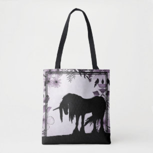Mystieke Eenhoorn w / lijnen (paarse bloemen & bla Tote Bag