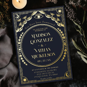 Mystieke Elegante Goud Navy Tarot Gotische Trouwda Folie Uitnodiging