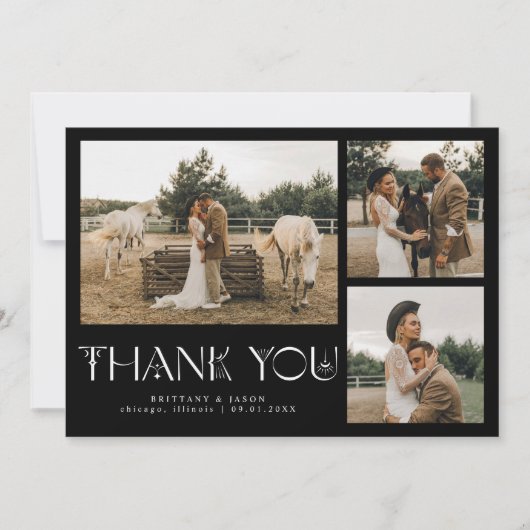 Mystieke Elegantie Fotocollage Bruiloft Zwart Bedankkaart (Voorkant)