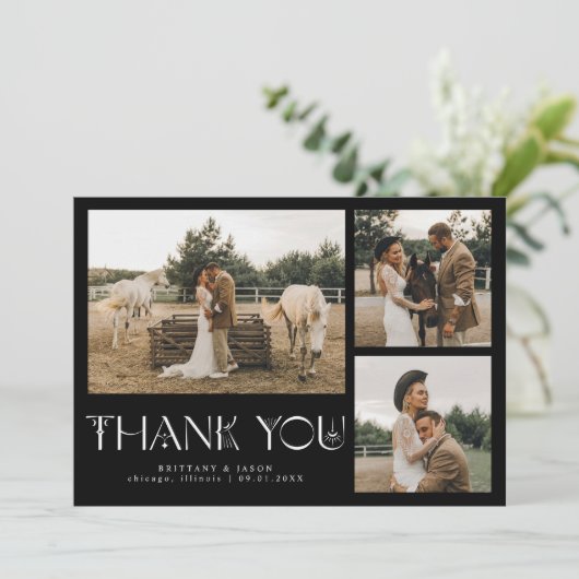 Mystieke Elegantie Fotocollage Bruiloft Zwart Bedankkaart (Staand voorkant)