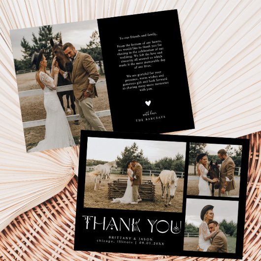 Mystieke Elegantie Fotocollage Bruiloft Zwart Bedankkaart