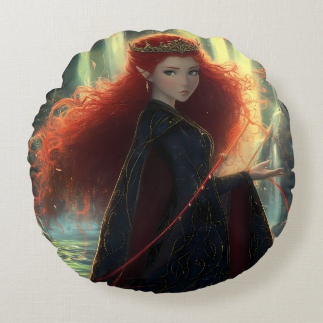 Mystieke Elf in een Fantasy Forest Rond Kussen (Voorkant)