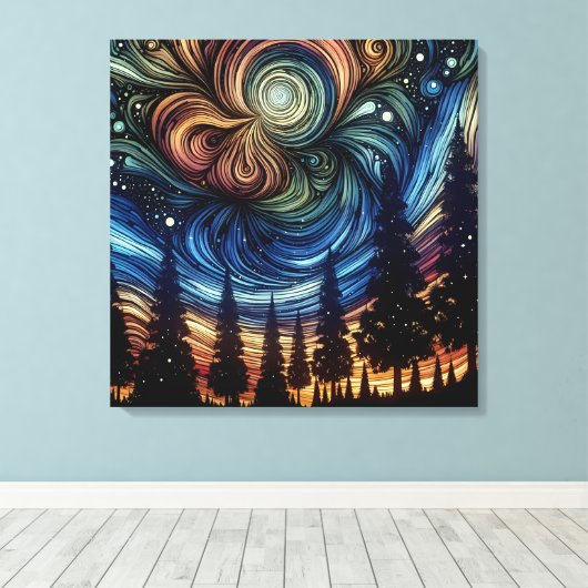 Mystieke Etherische Kunst met Bomen en Nachthemel Canvas Afdruk (Insitu (Houten vloer))