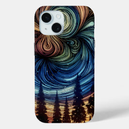 Mystieke Etherische Kunst met Bomen en Nachthemel iPhone 15 Case