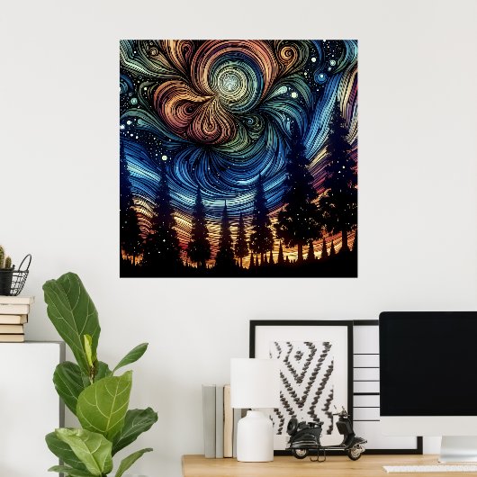 Mystieke Etherische Kunst met Bomen en Nachthemel Poster (Thuiskantoor)