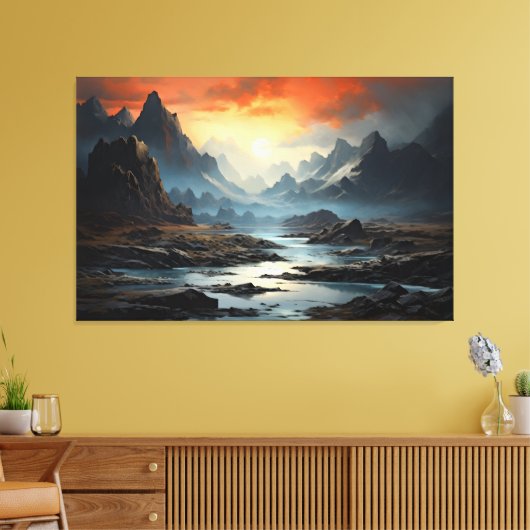 Mystieke Fantasy Realm bergen, rivier en water Canvas Afdruk (Insitu (Woonkamer))