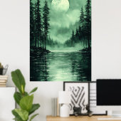 Mystieke Forest Moon in zwart-wit groen Poster (Thuiskantoor)