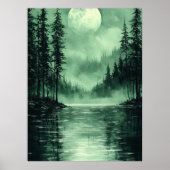 Mystieke Forest Moon in zwart-wit groen Poster (Voorkant)