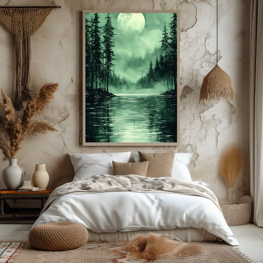 Mystieke Forest Moon in zwart-wit groen Poster
