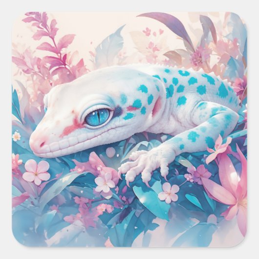 Mystieke gekko tussen levendige bloesems vierkante sticker (Voorkant)