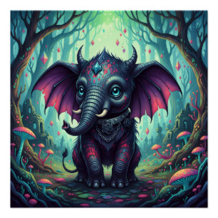 Mystieke gevleugelde olifant in betoverd bos perfect poster
