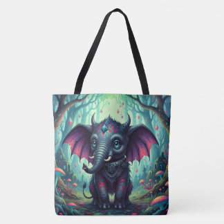 Mystieke gevleugelde olifant in betoverd bos tote bag