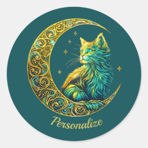 Mystieke gouden kat op maan hemelsgroen ronde sticker